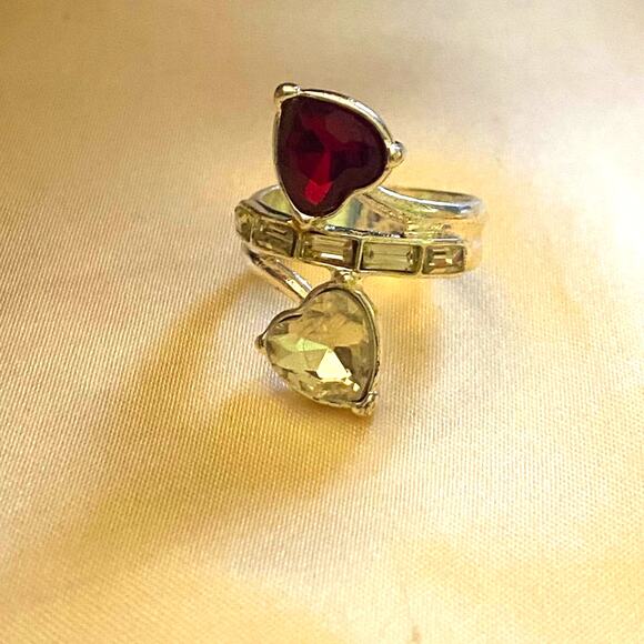 Silver Red and Crystal hearts and Crystal band ring Size 6 - Picture 1 of 8